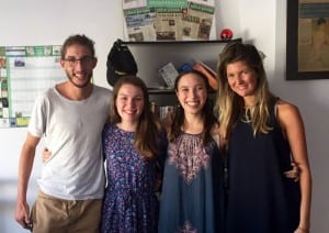 The two Princetown University students (centre) in the Olive Press’ Costa del Sol newsroom with Rob Horgan and Iona Napier