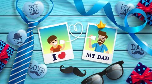 Happy Father S Day Flat Lay Style With Polaroid Frame Of Dad Photo And Boy  Necktie Glasses And Gift Box On Wood Table Promotion And Shopping Template For Father S Day Vector Illustration Eps10