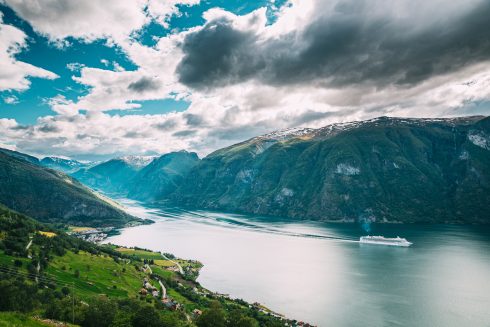 Aurland  Sogn And Fjordane Fjord  Norway  Amazing Summer Scenic View Of Sogn Og Fjordane  Ship Or Ferry Boat Liner Floating In Famous Norwegian Natural Landmark And Popular Destination In Summer Day