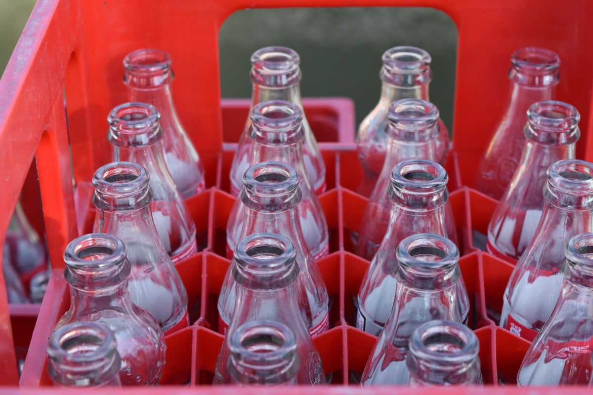 Glass drinks bottles ready to be reused