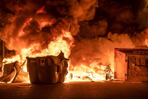 A burning rubbish container in Barcelona