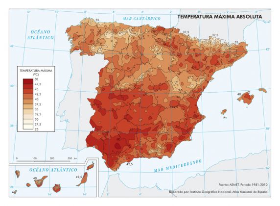 España. Temperatura Máxima Absoluta. 1981 2010. Mapa