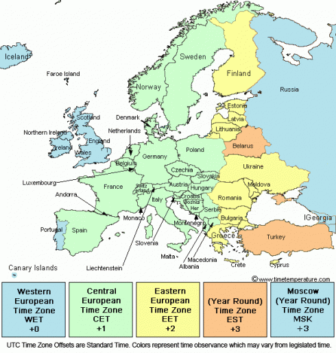 Europe Time Zone Map 1