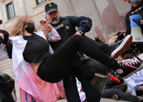 Climate Change Activists Smear Red Paint On Spain's Congress Building In Madrid