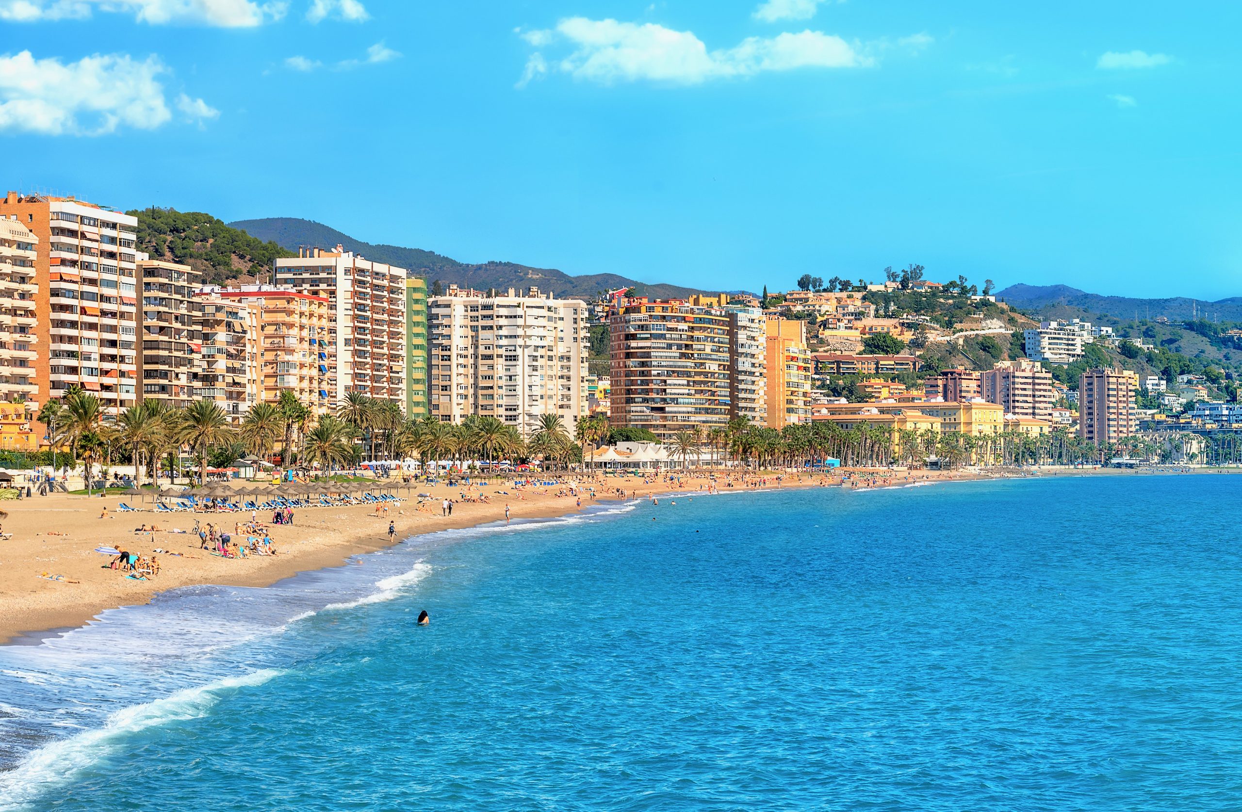 Malagueta Beach In Malaga. Andalusia, Costa Del Sol, Spain