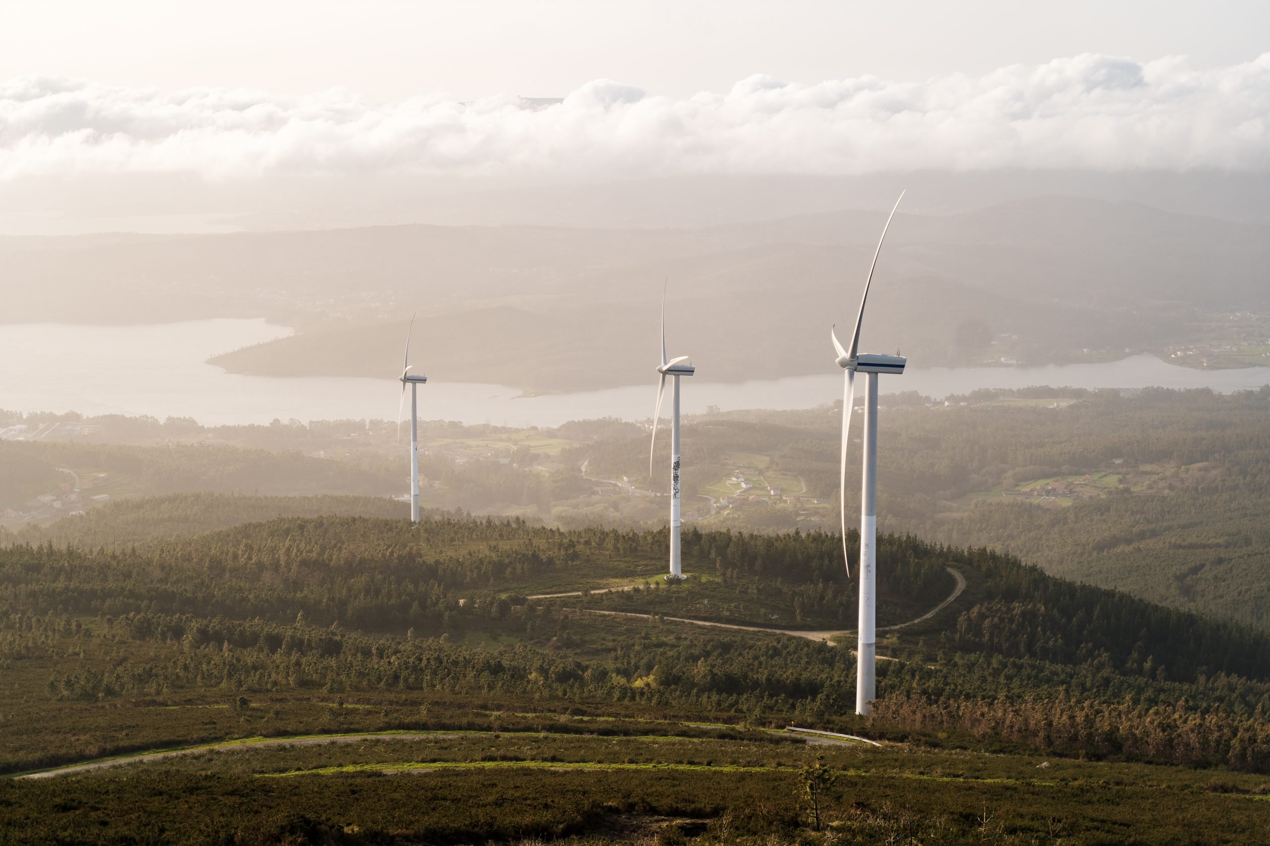 Beautiful View Of Field With Wind Turbines At Sunset And Cloudy