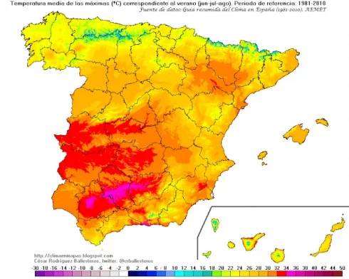 Map Showing The Average High Temperatures During The Summer Months In Spain From 1981 To 2010