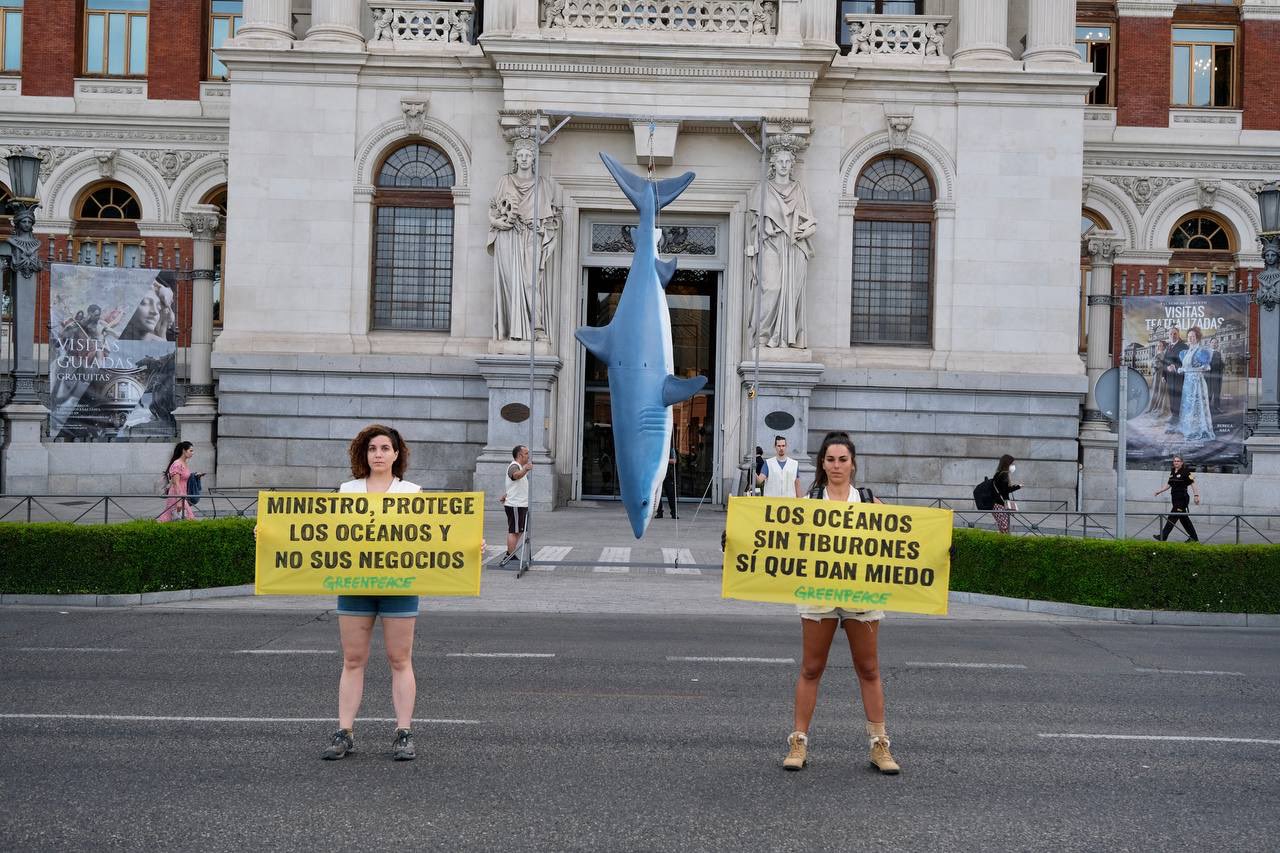 Greenpeace hangs big rubber shark outside Spain's Ministry of Fisheries in Madrid on UN World Oceans Day