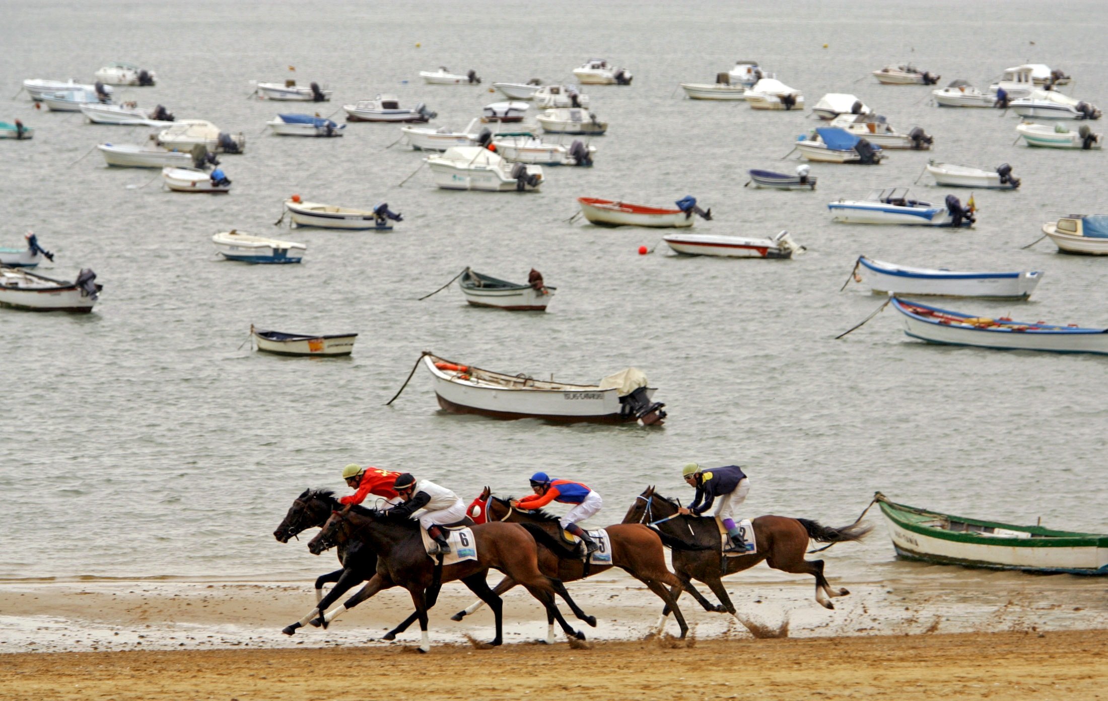 Jockeys Ride During A Race Along The Beach In Sanlucar De Barrameda