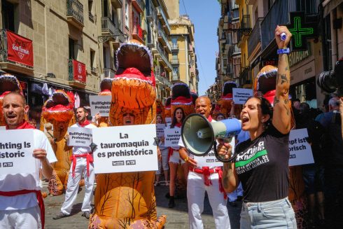 Peta's Protest In Demand For The Abolition Of Bullfighting In Pamplona, Spain 5 Jul 2022