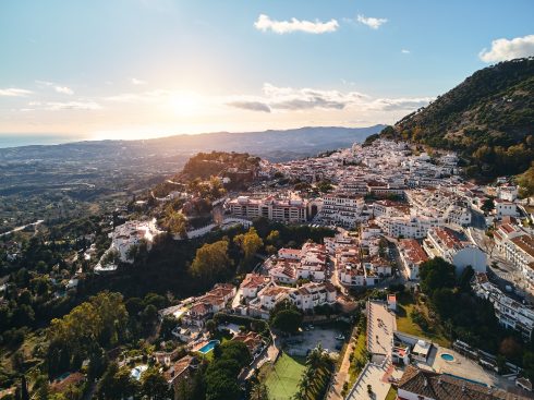 Aerial Photo Distant View Charming Mijas Pueblo, Typical Andalus
