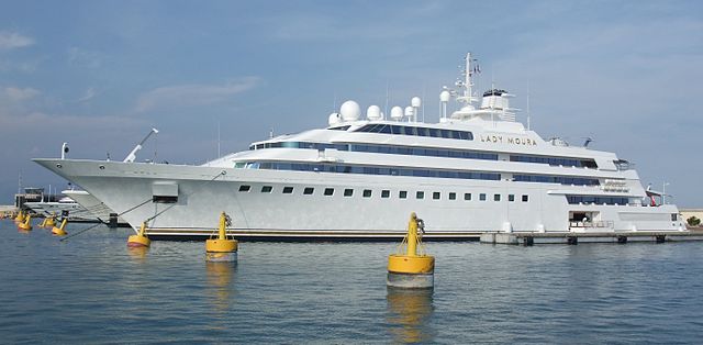 World's first mega-yacht 'Lady Moura', internationally known as the ship with the golden letters, visits port of Spain’s Malaga