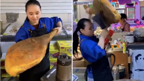chinese woman chopping jamon