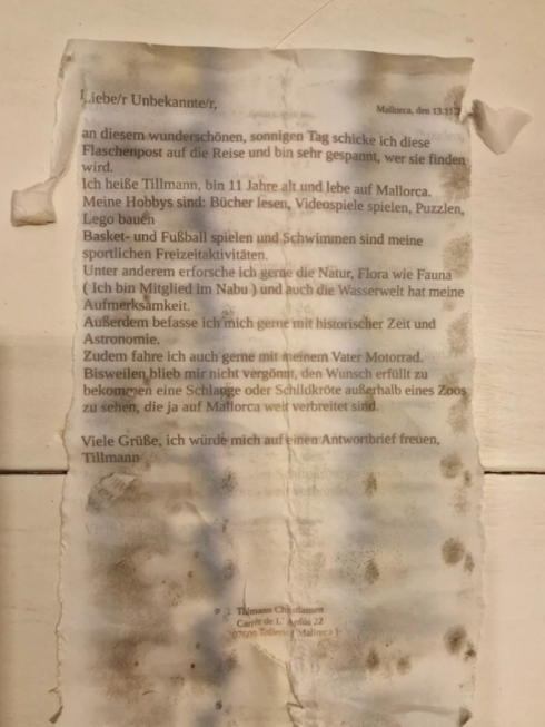 A message in a bottle that travelled from Mallorca to Italy