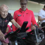 Jose Luis Ortega, 100, exercises at the gym