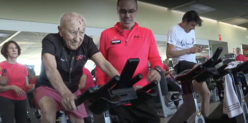 Jose Luis Ortega, 100, exercises at the gym