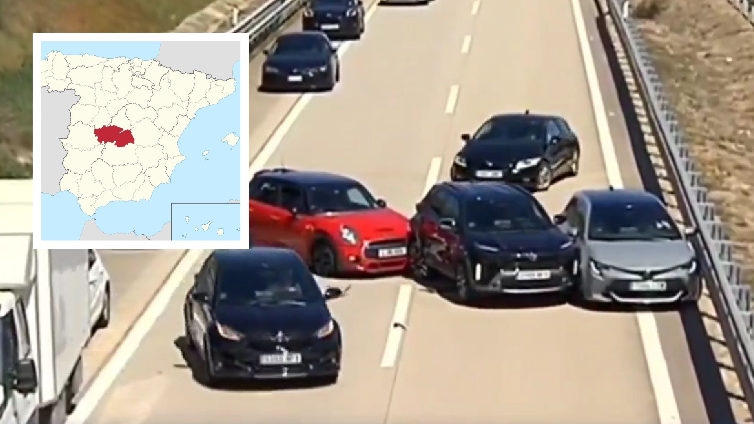 WATCH: Shocking moment TV cameras stationed above road in central Spain capture mass pile-up live