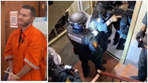Left: Steven Lyons in cuffs (Credit: Polri Tv). Right: The Guardia Civil bust (Credit: Guardia Civil).