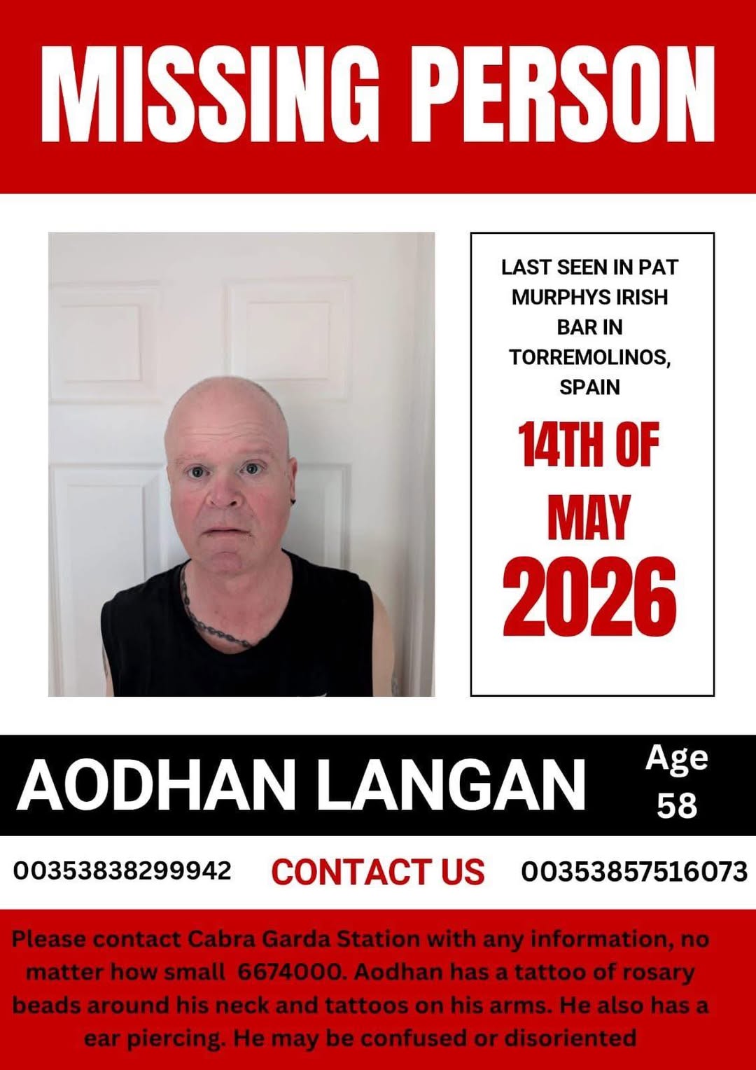 Urgent appeal to find missing man, 58, last seen at Costa del Sol Irish bar