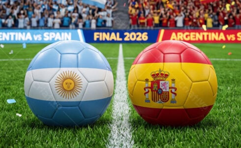 Two balls with Argentina and Spain flags