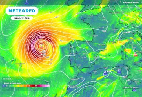 Swirling red storm on the meteorological map