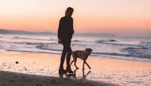 A man and a dog walking on a beach at sunset