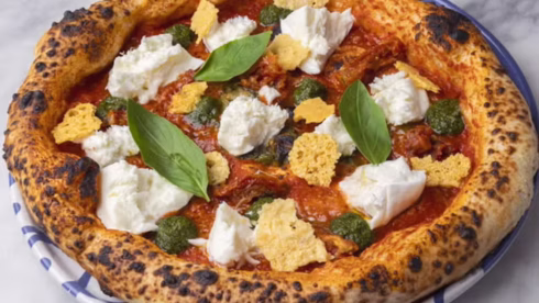 A pizza on a blue and white plate