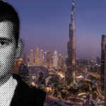 A linocut print of a Spanish man in front of the dubai skyline