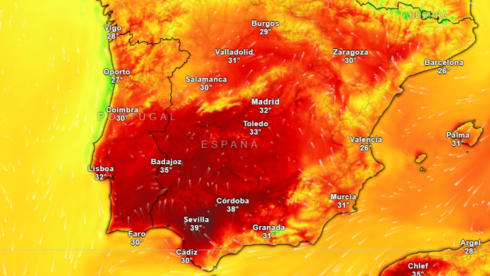 A map showing a heatwave in Spain including 39C highs in Sevilla