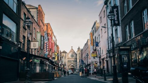 Dublin streets filled with colorful shop fronts.