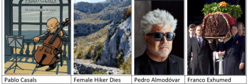 Historical Spanish figures including General Franco and film director Pedro Almodovar