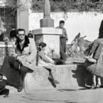A black and white photo of a donkey in Torremolinos in the 1960s