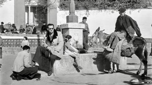 A black and white photo of a donkey in Torremolinos in the 1960s
