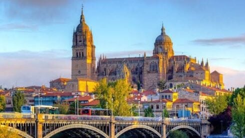 Salamanca university with a bridge in the foreground