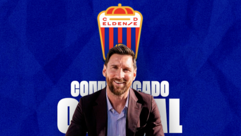 Lionel Messi in front of the CD Eldense logo